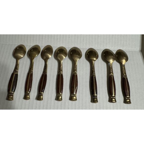 Vintage Brass And Wood Demitasse Coffee Spoon Thailand Lot Of‎ 8 - Picture 3 of 7